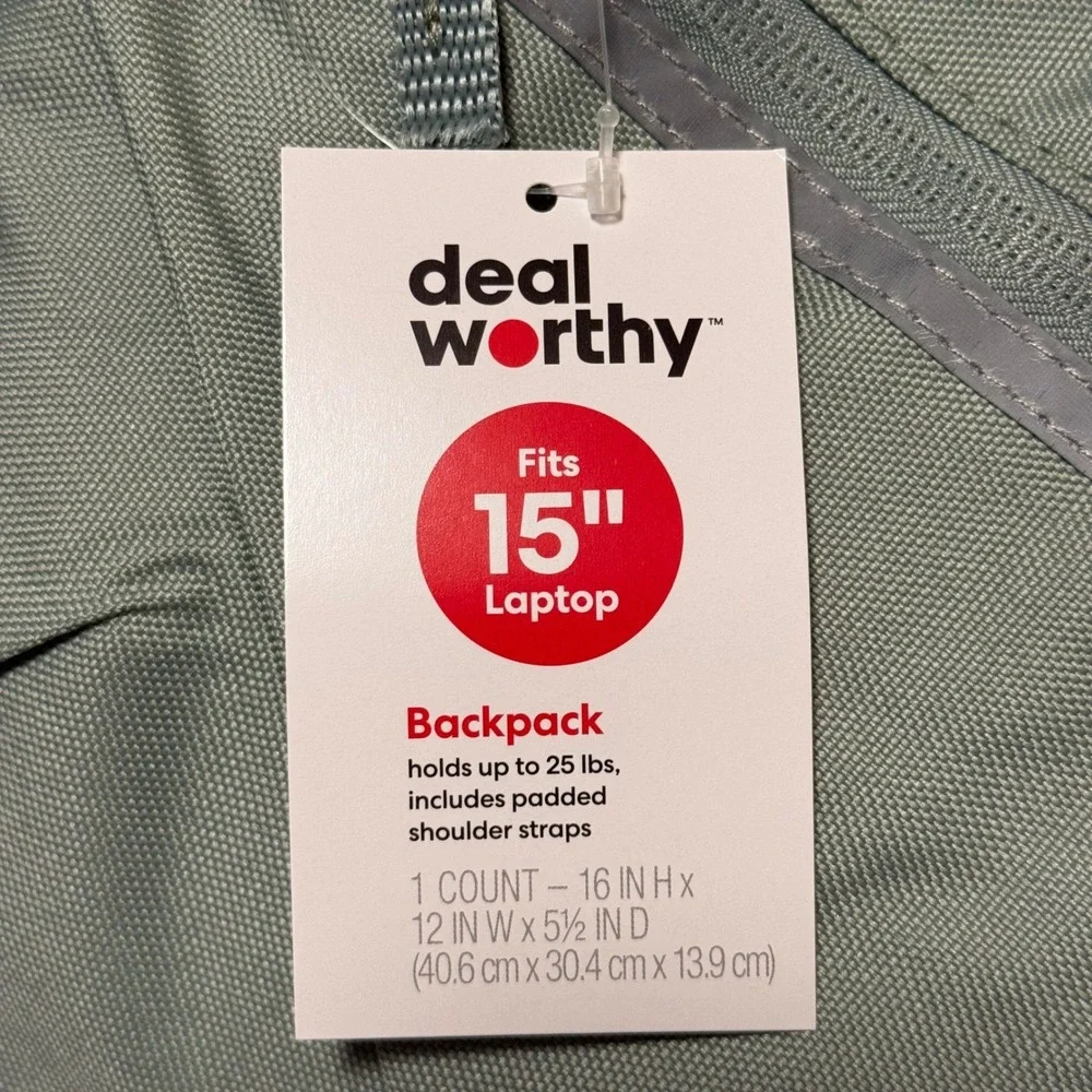Deal Worthy Sage Green 15‎ Inch Laptop Backpack Padded Straps Lightweight NWT
